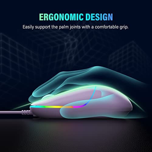 Gaming Mouse, USB Computer Mouse Wired with RGB Backlit, 4 Adjustable DPI up to 6400, Ultra Silent, Optical Computer Mice with Ergonomic Design, for Laptops PC Windows (Purple)