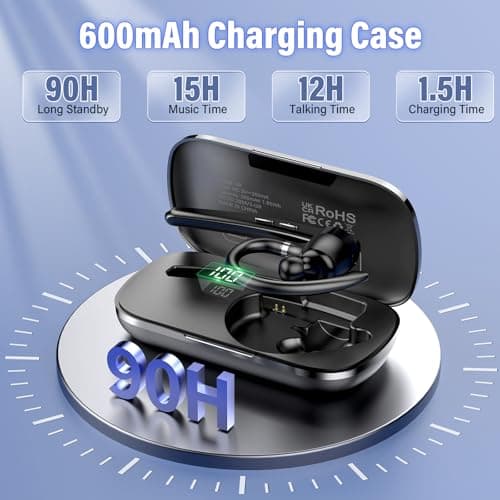 Bluetooth Headset, Wireless Bluetooth 5.3 Earpiece, 90Hrs Hands Free Headset with APTX HD Audio & Mute Button, Dual Noise Cancelling Mics, Single-Ear Headphone for Trucker/Business/Office/Gym