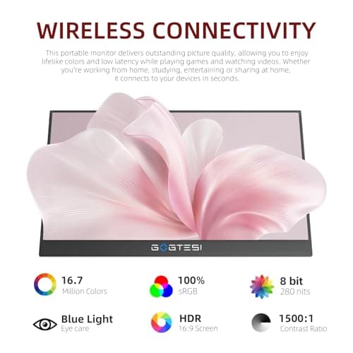 Wireless Portable Monitor 15.6 Inch 1080P FHD Ultra Slim Display WiFi Connectivity 180° Adjustable Built-in Stand Lightweight Travel Monitor for Laptop, MAC, Phone, PS5