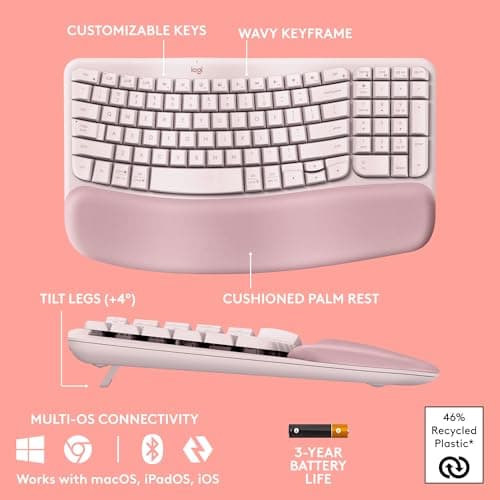 Logitech Wave Keys Wireless Ergonomic Keyboard with Cushioned Palm Rest, Comfortable Natural Typing, Easy-Switch, Bluetooth, Logi Bolt Receiver, for Multi-OS, Windows/Mac - Rose