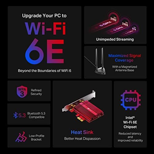 TP-Link WiFi 6E Intel AX210 AXE5400 PCIe WiFi Card for PC Archer TXE75E- Tri Band Wireless Adapter for Desktop PC w/Magnetic Base Dual Antenna, Bluetooth 5.3(USB Port), WPA3, MU-MIMO, OFDMA, 802.11ax