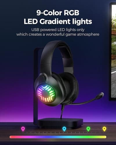 Stereo Gaming Headset, Wired Gaming Headphones Over Ear, Noise Cancelling Mic, 9 Colors Gradient RGB Ligh, Soft Memory Earmuffs for PC, Xbox One/Series PS5 PS4 Controllers, Nintendo (Black)
