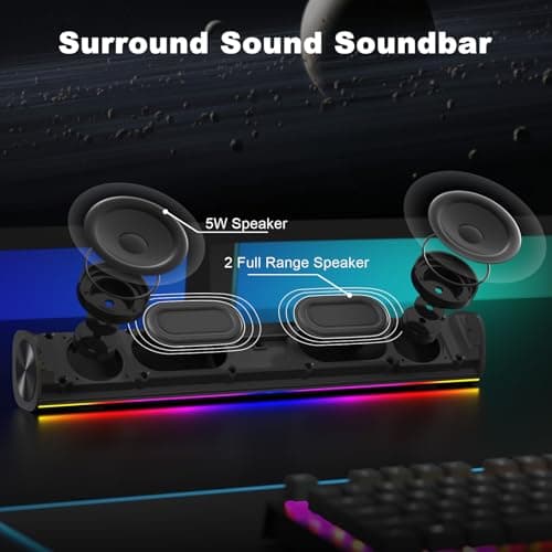 SOULION R100 Bluetooth Computer Speakers with Dynamic LED Light, USB Plug & Play PC Speakers with Switch Button, Clearly Sound Soundbar for Desktop Laptop Monitor(USB-C to USB Adapter Included)