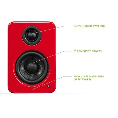 Kanto YU2GR PC Gaming Desktop Speakers | 3" Composite Drivers | 3/4" Silk Dome Tweeter | Class D Amplifier | 100 Watts | Built-in USB DAC | Subwoofer Output | Pair | Gloss Red