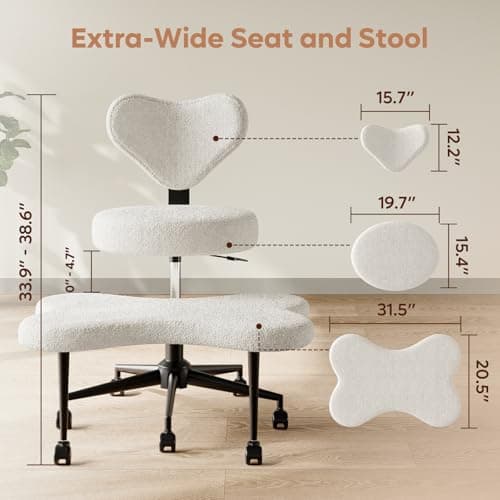 Ergonomic Cross Legged Chair, 360° Swivel Meditation Chair with Wheels, Height Adjustable Seat for ADHD, Strong Lumbar Support, Chic Home Office Furniture, Teddy Fabric, Off White