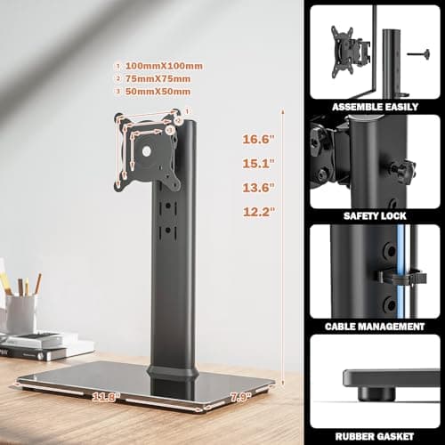 Single LCD Computer Monitor Free-Standing Desk Stand Mount Riser for 13 inch to 32 inch screen with Swivel, Height Adjustable, Rotation, Vesa Base Stand Holds One (1) Screen up to 77Lbs(HT05B-001))