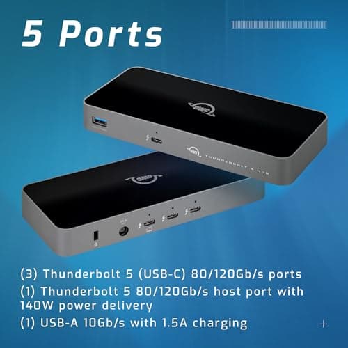 OWC Thunderbolt 5 Hub, 3 x Thunderbolt 5 Ports, USB-A Port, Up to 80/120Gb/s, Up to 3 8k displays, 140 w Power & Charging, Compatible with Mac & PC, Thunderbolt 5/4/3, USB4 & USB-C
