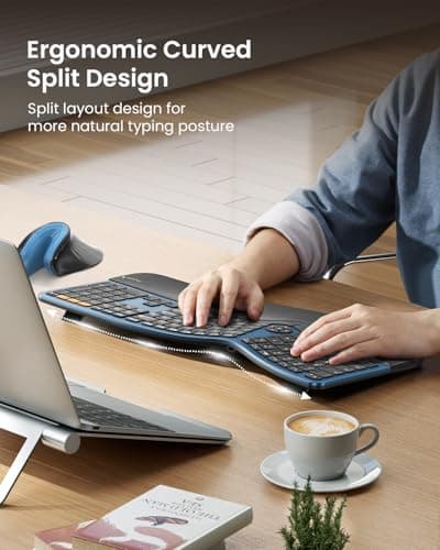 ProtoArc Backlit Bluetooth Ergonomic Keyboard, EK01 Plus Full Size Wireless Split Keyboard with Dual Bluetooth and USB, Cushioned Wrist Rest, Rechargeable, Compatible with Windows/Mac/Android, Blue