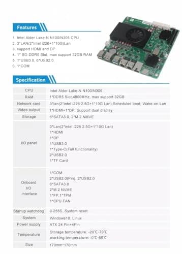 1 * 10G 2*i226-V 2.5G 3LAN Intel N100 NAS Motherboard 6-Bay 6*SATA3.0 2*M.2 NVMe 1*DDR5 Soft Router ITX Mainboard