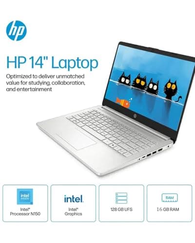 HP Business Student Laptop Computer - Windows 11 Pro & Microsoft Office Lifetime | 14 inch HD | AI-Powered, 12 Hr Batter N-Serious Laptop| 16GB RAM, 128GB UFS, 256GB Extend Micro SD | Silver