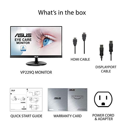 ASUS VP229Q 21.5” Monitor, 1080P Full HD, 75Hz, IPS, FreeSync/Adaptive-Sync, Eye Care, HDMI DisplayPort VGA, Frameless, VESA Wall Mountable BLACK