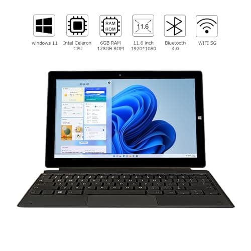 Windows Tablet with Keyboard, 11.6 inch 2-in-1 Tablets Laptops Touchscreen Windows 11, Intel Celeron, 1920 * 1080 IPS 6GB RAM 128GB EMMC 2.4G/5G WiFi Bluetooth HDMI USB