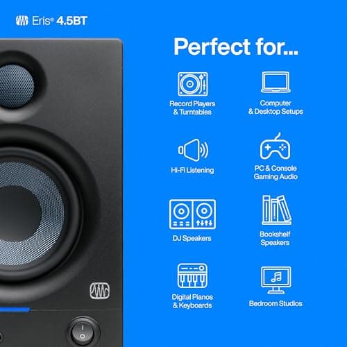 PreSonus Eris 4.5BT Bluetooth Studio Monitors, Pair — 4.5" Inch Powered Bookshelf Speakers, Stereo, Desktop Computer, Near Field Music Production, Audio Mixing Recording