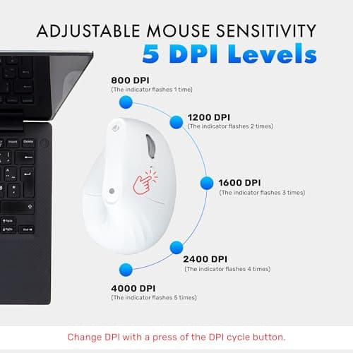 J-Tech Digital Wireless Mouse, Vertical Ergonomic Mouse with 2.4G Wireless & Bluetooth for 3 Multi-Device Function, Adjustable DPI Modes, Compatible with PC, Mac, Laptop - White