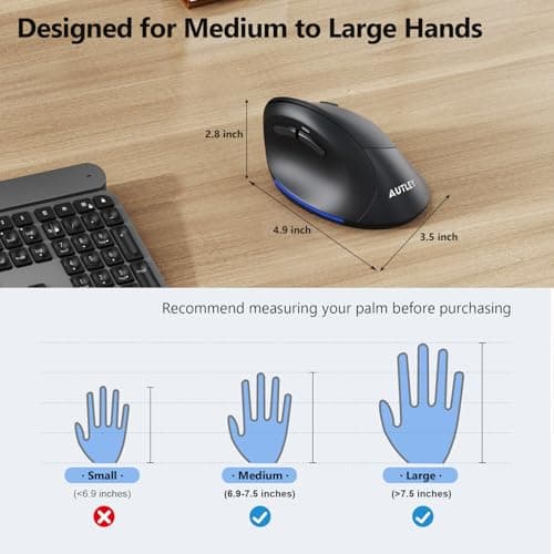 AUTLEY Ergonomic Mouse for Large Hands, Rechargeable Vertical Mouse, 2.4GHz Wireless Computer Mouse for Windows/macOS - 6 Buttons, Low Power Warning, 800/1200/1600 DPI, Black