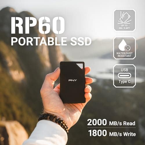 PNY RP60 2TB Portable SSD - Up to 2000MB/s, USB-C, USB 3.2 Gen2x2 - Rugged, IP65 Rated, Water/Dust/Drop Resistant - For Photos, Videos, Gaming and more - External Solid-State Drive - PSD0CS3060-2TB-RB