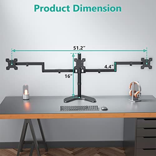 WALI Triple Monitor Stand, Free Standing Three LCD Monitor Fully Adjustable Desk Mount Fits 3 Screens up to 27 inch, 22 lbs Weight Capacity per Arm (MF003), Black