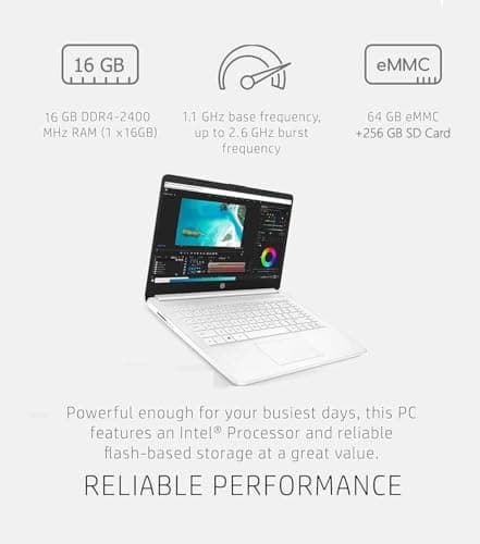 HP 14in Schools and Business Laptop, Intel Quad-Core N4120 CPU, 16GB RAM, 64GB eMMC, 256GB Micro SD, 1-Y Office 365, Webcam, HDMI, WiFi, Win 11 S(White)