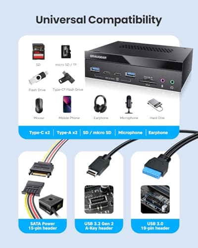 GRAUGEAR 5.25 Inch 10Gbps USB 3.2 PC Front Panel Card Reader with Audio Ports, SD/microSD Internal Card Reader, USB3.2 Type-E Key-A 20-Pin Header & USB3.0 Header & 15-Pin SATA Power Connector Required