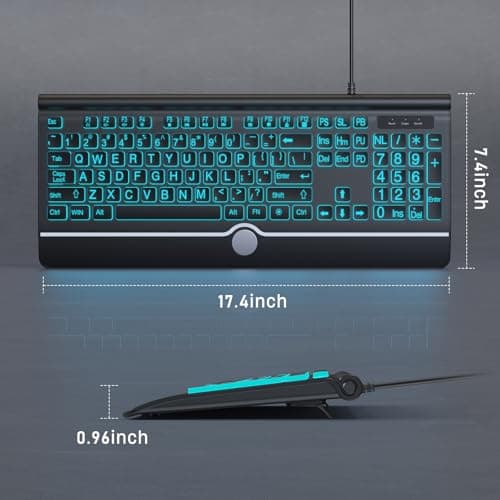 Large Print Backlit Computer Keyboard, 7-Color Backlit Keyboard with Wrist Rest, USB Plug-and-Play, Oversize Letters Keys Easy to See and Type, Wired Light Up Keyboards for Laptop, PC, Gaming