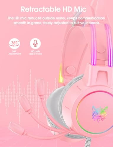 Lightweight Gaming Headset with Detachable Cat Ears, RGB Lighting, Wired Over Ear Headphones with Mic for PC, PS4, PS5, Xbox, Switch, Stereo Surround Sound, Self-Adjusting Headband