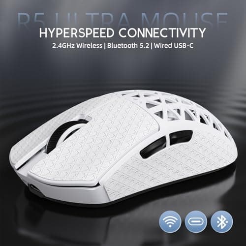R5Ultra 8K Carbon Fiber Wireless Gaming Mouse with 42,000 DPI -PAW3950 MAX Sensor -Nordic 52840 MCU Chip-39g Ultra-Lightweight -Wired/BT/2.4GHz Wireless Programmable Mice Griptape for PC/Mac(White)