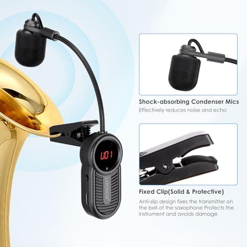 Wireless Saxophone Microphone System for Instruments: UHF Rechargeable Instruments Microphone Receiver and Transmitter - 160ft Range. Plug and Play - Clip-on Mics Suitable for Sax Trumpet, Trombone
