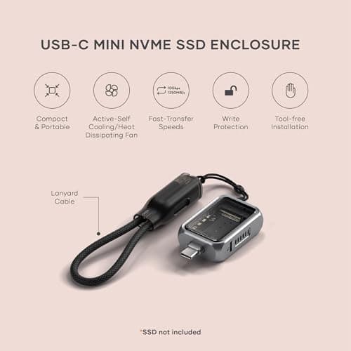 Satechi M.2 NVMe Mini SSD Enclosure with 10Gbps Transfer Speed, Up to 2TB SSD Storage, Active Auto Cooling, Compact and Portable USB C Case, Supports NVMe 2230 SSDs, (SSD Not Included)
