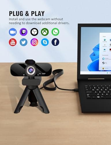 Full HD Webcam with Built-in Microphone and Rotatable Tripod, 1080P Video and Wide Angle Camera, Privacy Cover, for Desktop PC or Laptop Computer