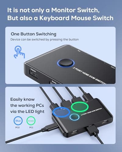KVM Switch HDMI 2 Port Box,ABLEWE USB and HDMI Switch for 2 Computers Share Keyboard Mouse Printer and one HD Monitor,Support UHD 4K@60Hz,with 2 USB Cable and 2 HDMI Cable