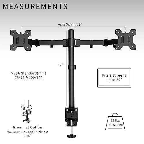 VIVO Dual Monitor Desk Mount, Heavy Duty Fully Adjustable Steel Stand, Holds 2 Computer Screens up to 30 inches and Max 22lbs Each, Black, STAND-V002