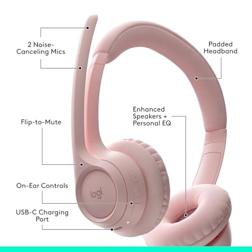 Logitech Zone 300 Wireless Bluetooth Headset with Noise-Canceling Microphone, Compatible with Windows, Mac, Chrome, Linux, iOS, iPadOS, Android – Rose (Renewed)