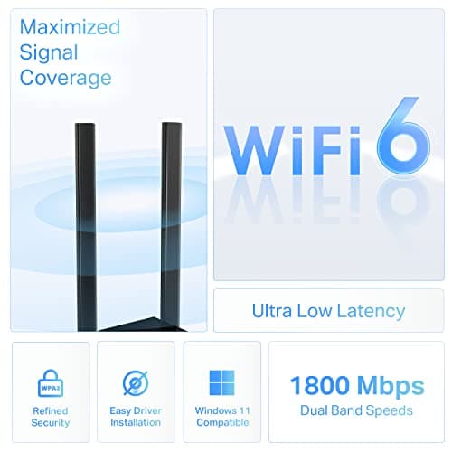 TP-Link WiFi 6 USB Adapter for Desktop PC - (Archer TX20U Plus) AX1800 Wireless Network Adapter with 2.4GHz, 5GHz, High Gain Dual Band 5dBi Antenna, WPA3, Supports Windows 11/10