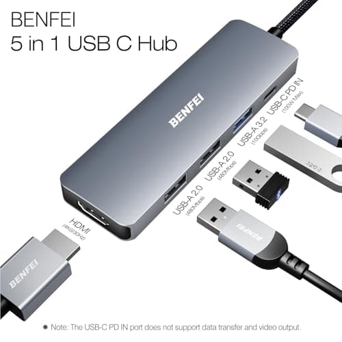 BENFEI USB C Hub 5-in-1 with 4K HDMI(Certified), 100W Power Delivery, 3 USB-A, Silicone Cable, Aluminum Case Compatible with MacBook Pro/Air, iPad Pro, iMac, iPhone 15 Pro/Pro Max, XPS, Thinkpad