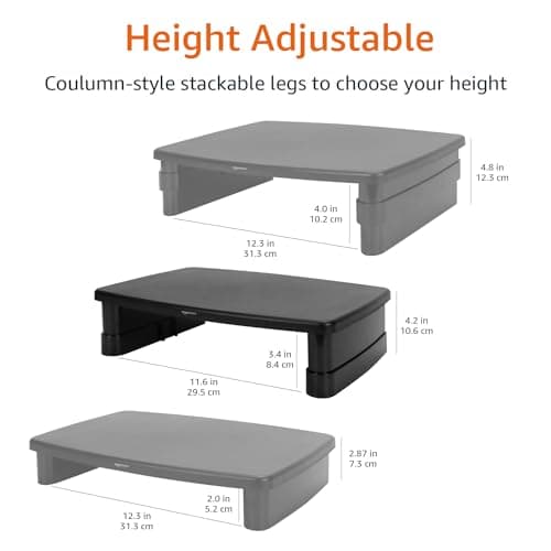 Amazon Basics Height Adjustable Rectangular Computer Monitor Riser Desk Stand with Storage for Reduced Neck Strain - Fits Monitors, Laptops Up to 22lbs, Black