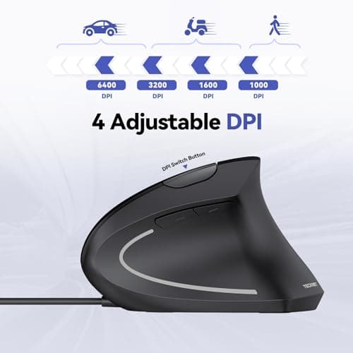 TECKNET Wired Mouse, 6400 DPI Ergonomic Mouse 6 Buttons Silent Mice 4 Adjustable DPI Vertical Mouse Compatible with Windows/Chrome/Laptop/Computerice