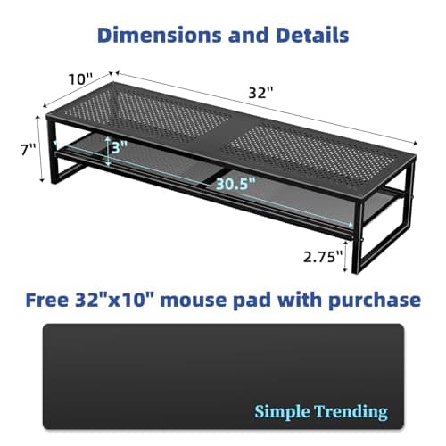 Simple Trending 2 Tier Metal Dual Monitor Stand Riser,Computer Office Desktop Organizer for 2 Monitors With 32"x10" Mouse Pad ,for Laptop,Printer,TV,Black