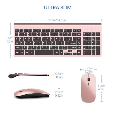 Wireless Keyboard and Mouse Ultra Slim Combo, TopMate 2.4G Silent Compact USB 2400DPI Mouse and Scissor Switch Keyboard Set with Cover, 2 AA & 2 AAA Batteries,for PC/Laptop/Windows/Mac-Rose Gold Black