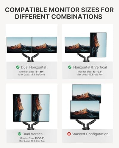 HUANUO Dual Monitor Stand - Full Adjustable Monitor Desk Mount Swivel Vesa Bracket with C Clamp, Grommet Mounting Base for 13 to 32 Inch Computer Screens - Each Arm Holds 4.4 to 19.8lbs