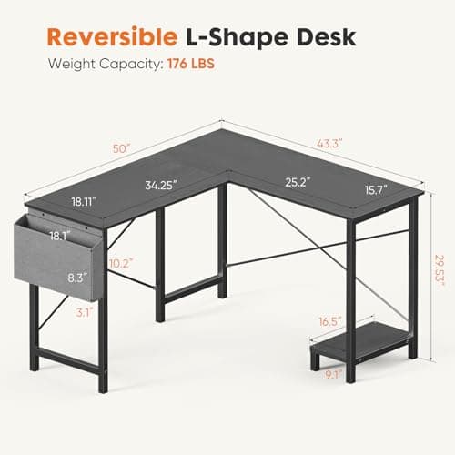 Sweetcrispy L Shaped Desk - Computer Desk Corner Desks Gaming Desk PC Table with CPU Stand Side Bag for Home Office Dorm Sturdy Writing Workstation, Black, 50-Inch