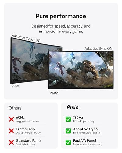 Pixio PXC278 Wave 27 inch 180Hz Refresh Rate QHD 1440p Resolution 1650R Curved Fast VA Panel 1ms GTG Response Time Adaptive Sync HDR Curved Gaming Monitor
