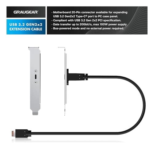 GRAUGEAR 20Gbps USB 3.2 Gen 2x2 USB-C Front Panel Type-C Adapter, Motherboard Header Extension Cable, USB-C to USB3.2 Type-E Key-A 20-Pin Connector with PCIe Bracket, 23.6 in [G-AD-ETC-10G]