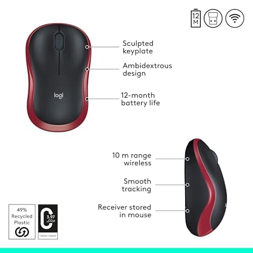 Logitech M185 Wireless Mouse, 2.4GHz with USB Mini Receiver, 12-Month Battery Life, 1000 DPI Optical Tracking, Ambidextrous, Compatible with PC, Mac, Laptop - Red