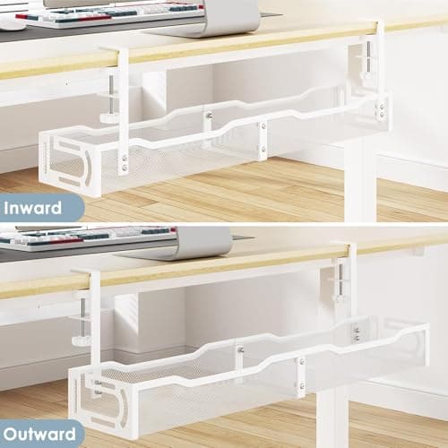 Cable Management, 25'' Cable Management Under Desk No Drill, Metal Cord Organizer with Clamp for Standing Desk, Cable Organizer for Home Office, White