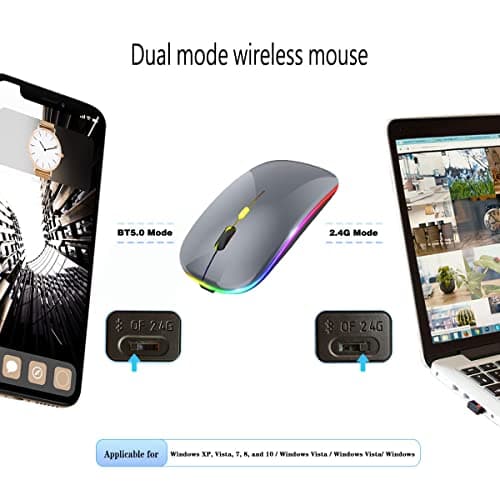 Wireless Bluetooth Mouse Rechargeable Laptop Mice with LED Lights Silent Slim Use(BT5.2 and 2.4G Portable USB) Dual Mode Computer Mouse for Laptop/iPad/Tablet/Apple/Computer/Mac (Grey)