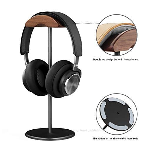 Headphone Stand, Walnut Wood & Aluminum Headset Stand, Nature Walnut Gaming Headset Holder with Solid Heavy Base for All Headphone Sizes (Black)