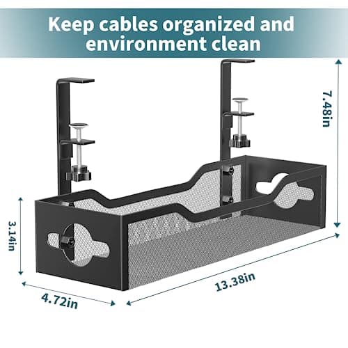 Under Desk Cable Management Tray No Drill, Metal Mesh Cable Management Under Desk with Clamp Mount, 2 Hole Cable Tray with Wire Management and Cord Organizer for Home Office Standing Desk