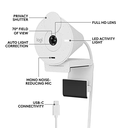 Logitech Brio 300 Full HD Webcam with Privacy Shutter, Noise Reduction Microphone, USB-C, certified for Zoom, Microsoft Teams, Google Meet, Auto Light Correction - Off White