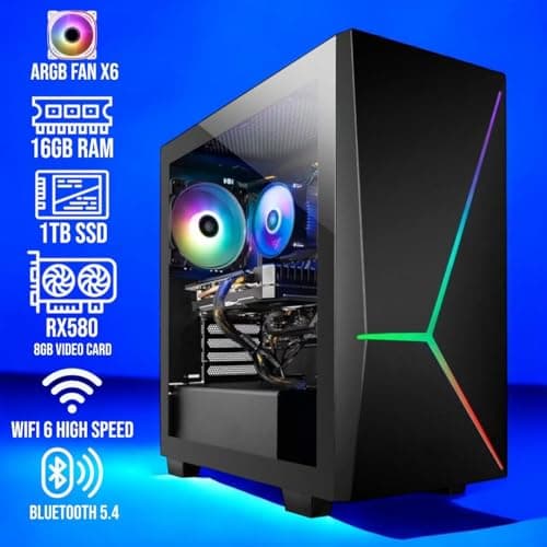 Gaming PC Desktop, Intel Core i7 up to 3.9GHz, 16G RAM, 512G SSD,AMD RX580 8GB DDR5, 900M WiFi, BT 5.4, RGB Fan x6, RGB Keyboard Mouse Set, Windows 11 Pro