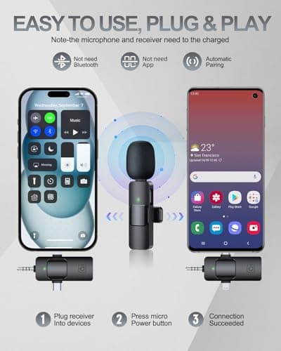 PQRQP 3 in 1 Professional Wireless Lavalier Microphone for iPhone, Android, Camera, Wireless Microphones, Mini Microphone, Crystal Clear Sound Quality for Recording, Live Streaming, YouTube, TikTok